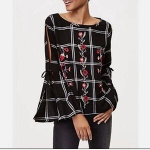 LOFT Black and White Checkered Blouse with Red Floral Embroidery Size :M